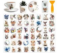 AHANDMAKER 12 Sheets Watercolor Animal Rub on Transfer Stickers, Animals and Flowers Waterproof Rub on Transfers for Crafts Furniture Sticker Decals for Window Glass Home Office Decor, 5.5x5.5 Inches