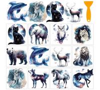 AHANDMAKER 12 Sheets Zodiac Animals Rub on Transfer Stickers, Dream Nebula Animal Furniture Decals Luminous Cat, Owl, Elephant Rub on Decal Stickers for Window Paper Wood Home Decor, 5.5x5.5 Inches