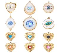 AHANDMAKER 12pcs Evil Eye Charms 18K Gold Plated Hamsa Hand Lucky Pendants Round/Oval/Heart/Teardrop/Flat Round Evil Eye Pendants for Jewelry Making Necklace DIY Supplies