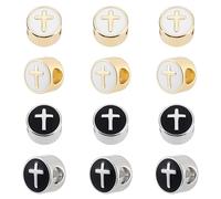 AHANDMAKER 12pcs Real 18K Gold Plated Brass Enamel European Beads Black 5mm Large Hole Beads Flat Round Cross Bead Spacer Charms for Jewelry Crafts Making Gifts for Family/Lover/Friends