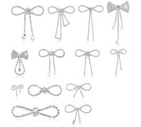 AHANDMAKER 13pcs 13 Styles Sparkly Rhinestone Bowknot Brooch Pin, Sliver Bow Brooch Glitter Pearl Crystal Bow Pins Set for Women Prom Daily Backpack Clothes Parties Weddings Celebration