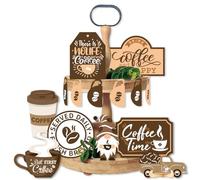 AHANDMAKER 14-Piece Bar Gnome-Themed Tiered Tray Decor Set with Coffee Cup, Truck Sign, Bean Charming Decor for Shop, Home, Kitchen, Farmhouse, and Tables in Rustic Style