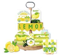 AHANDMAKER 15 Pieces Lemon Tiered Tray Decor Farm Fresh Lemons Wooden Signs Summer Kitchen Farmhouse Decor Lemon Wood Blocks Sign for Layered Pallets Kitchen Farmhouse Home Table Holiday Party Decor