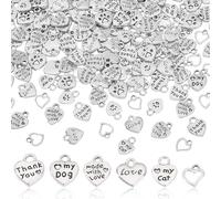 AHANDMAKER 170pcs 6 Styles Alloy Heart Pendants Adorable Pet Style Charms in Antique Silver Thank You Charm Various Heart Design for Pet Collar Charms Leash Accessories Jewelry Making DIY Keychain