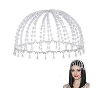 AHANDMAKER 1920s Crystal Cap Headpiece Rhinestone Head Chain Pearl Headpiece Flapper Sparkle Crystal Flapper Mesh Headband Cap Hair Accessories for Bridal Cosplay Halloween Art Decor Party