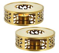 AHANDMAKER 2 Pack Gold Teapot Warmer Base 304 Stainless Steel Round Candle Heater with Tealight Holder for Tea Coffee and Milk Home Use Office Decor Tea Warming 5.9in x 2in
