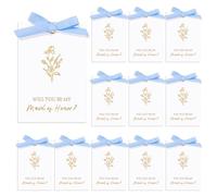AHANDMAKER 22Pcs Bridesmaid Proposal Card with Ribbon Bow, Will You Be My Matron of Honor Cards with Polyester Ribbons Golden Floral Bridal Invitation Cards for Wedding Bridal Shower, Blue