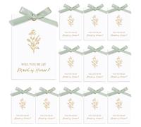 AHANDMAKER 22Pcs Bridesmaid Proposal Card with Ribbon Bow, Will You Be My Matron of Honor Cards with Polyester Ribbons Golden Floral Bridal Invitation Cards for Wedding Bridal Shower, Green