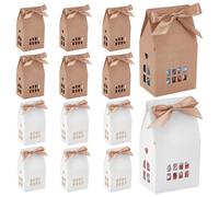 AHANDMAKER 24Pcs 2 Colors House Party Gift Boxes, 2.8x2x4.9" Candy Storage House Boxes with Ribbon Hollow Paper Treat Cases for Desserts Christmas Valentine's Halloween Ornament Container