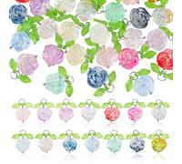 AHANDMAKER 28Pcs 14 Colors Glass Rose Charms, Crystal Flower Shape Dangle Pendants with Acrylic Leaves Brass Rings 20mm Romantic Floral Charm for Jewelry Making DIY Necklaces Bracelets Earrings Crafts