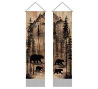 AHANDMAKER 2Pcs Animal Bear Tapestry, Rustic Forest Wildlife Bear Family Wall Hanging Tapestries, Woodland Nature Landscape Decor Long Tapestry with Tassels for Home Office Decoration, 45.7x13 Inch