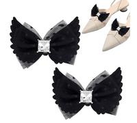 AHANDMAKER 2Pcs Bow Shoe Clips for Women, Detachable Lace Bowknot Shoe Buckles with Wings and Gemstone Elegant Shoes Charms for Heels Flats Boots Sandals Wedding Bridal Shoes Decoration, Black