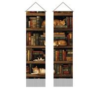 AHANDMAKER 2Pcs Cat Bookshelf Tapestry Vintage Bookshelf Wall Hangings Vintage Library Long Vertical Tapestry with Tassels for Retro Wall Art Home Office Artwork Decoration, 45.7x13 Inch