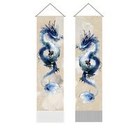 AHANDMAKER 2Pcs Chinese Dragon Tapestry, Ink and Watercolor Dragon Long Vertical Wall Hanging, Tassel Wall Tapestry Mystic Aesthetic Decorations for Bedroom and Living Room(45.7x13 Inch)