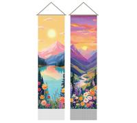 AHANDMAKER 2Pcs Colorful Sunrise and Sunset Tapestry, Mountain River Landscape Long Vertical Tapestry Wall Hanging, Nature Scenery Tassel Wall Tapestries for Bedroom and Living Room(45.7x13)