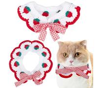 AHANDMAKER 2Pcs Cotton Breakaway Cat Collar, Red Strawberry Pattern Kitten Collars with Cute Bow Tie Comfortable Soft Fabric Knitted Pet Neckwear for Female Male Kitty and Small Puppies