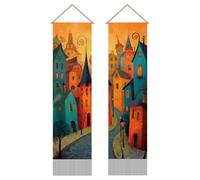 AHANDMAKER 2Pcs Dreamy Town Tapestry, Village Scene Long Vertical Tapestry Wall Hanging Cozy Countryside Landscape Tassel Tapestries for Retro Wall Art Home Office Artwork Decoration, 45.7x13 Inch