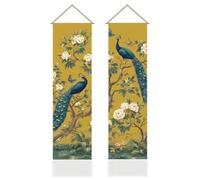 AHANDMAKER 2Pcs Elegant Chinese Peacock Tapestry, Green Peacock Wall Hanging Tapestries, Vintage Nature Decor Long Tapestry with Tassels Peacocks Wall Art for Home Office Decoration, 45.7x13 Inch