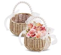 AHANDMAKER 2Pcs Elegant Wedding Flower Basket Small Wedding Decoration with Handles and Ribbon Bow Mini Rustic Basket Set for Wedding Bridal Shower Picnic Home Decor,6.5x7.87in, Beige