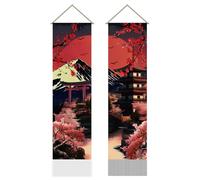 AHANDMAKER 2Pcs Japan Cherry Blossom Floral Mountain Sun Tapestry, Kanagawa Asian Beauty Tassel Tapestry Hanging for Bedroom Living Room Ambiance(45.7x13 Inch)
