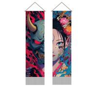 AHANDMAKER 2Pcs Japanese Female Tapestry, Anime Devil Long Vertical Wall Hanging, Tassel Wall Tapestry Decor Mystic Aesthetic Decorations for Bedroom and Living Room (45.7x13 Inch)