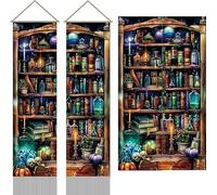 AHANDMAKER 2Pcs Magical Book Tapestry, Magical Bookshelf Long Vertical Tapestry Wall Hanging, Vintage Goth Skull Tassel Wall Tapestry Mystic Aesthetic Tapestry for Bedroom Living Room, 45.7x13Inch