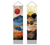 AHANDMAKER 2Pcs Mountain Sun Wall Art, Nature Landscape Vertical Wall Hanging, Sunrise and Sunset Tassel Wall Tapestry for Bedroom and Living Room (45.7x13 Inch)
