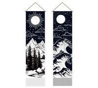AHANDMAKER 2Pcs Oriental Nature Landscape Tapestry, Mountain Wave Moon and Sun Long Vertical Tapestry Wall Hanging, Traditional Tassel Wall Tapestries for Bedroom Living Room Decoration, 45.7x13 Inch