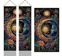 AHANDMAKER 2Pcs Sun and Moon Tapestry, Psychedelic Mystic Floral Long Vertical Tapestry Wall Hanging, Vintage Plant Tassel Wall Tapestry Mystic Aesthetic Tapestry for Bedroom and Living Room(45.7x13)
