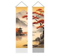 AHANDMAKER 2Pcs Traditional Chinese landscape Tapestry, Pavilion Long Vertical Wall Hanging, Pine Tree Tassel Wall Tapestry Mystic Aesthetic Decorations for Bedroom and Living Room(45.7x13 Inch)