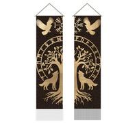 AHANDMAKER 2Pcs Viking Rune Tree of Life Tapestry, Eagle Wolf Vertical Wall Hanging, Tassel Wall Tapestry Mystic Aesthetic Decorations for Bedroom and Living Room(45.7x13 Inch)