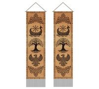 AHANDMAKER 2Pcs Vikings Wood Sign Tapestry, Tree of Life and Crow Long Vertical Tapestry Wall Hanging, Mythology Rune Tassel Wall Tapestries for Bedroom Living Room Office Decoration, 45.7x13 Inch