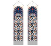 AHANDMAKER 2Pcs Vintage Moroccan Tapestry, Blue Red Islamic Geometric Pattern Long Vertical Tapestry Wall Hanging, Arabesque Floral Tassel Tapestries for Bedroom Living Room Home Decor, 45.7x13 Inch
