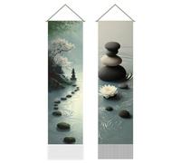 AHANDMAKER 2Pcs Zen Lotus Tapestry, Water Stone Long Vertical Wall Hanging, Tassel Wall Tapestry Decor Mystic Aesthetic Decorations for Bedroom and Living Room (45.7x13 Inch)