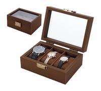 AHANDMAKER 3 Slots Wood Watch Storage Boxes, Coconut Brown Watch Display Case with Glass Window, Wood Watch Display Case for Men in Father Day Birthday Valentines Wedding Anniversary
