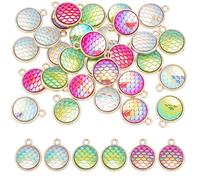 AHANDMAKER 30Pcs 3 Color Mermaid Scale Enamel Charms with Alloy Plated Base, Round Fish Scale Pendants, Ocean Themed Dangle Accessories for Jewelry Making DIY Craft Accessories 17x13mm