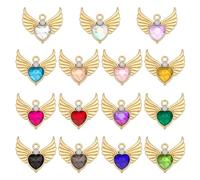 AHANDMAKER 30Pcs Alloy Rhinestone Heart Wing Charm, 15 Color Golden Alloy Angel Love Wings Charms, Tiny Heart Faceted Rhinestone Dangle Pendants for Necklace Bracelet Earring Jewelry Making