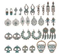 AHANDMAKER 30Pcs Skull Theme Charms Halloween Skull Skeleton Charms Tibetan Metal Crossbone Web Pendants for Earring Bracelet Necklace Halloween Jewelry Making DIY Crafts