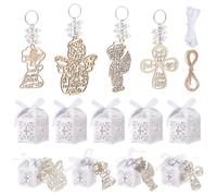 AHANDMAKER 30Pcs Wooden Keychain, Snowman Angel Fairy Cross Shape Wood Keychains with Imitation Pearls and Iron Rings Angel Charm Key Ring for Handbags Wallets Haning Decorations DIY Crafts Gifts