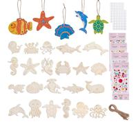 AHANDMAKER 44Pcs Unfinished Wood Under The Sea Paint Kit Set with 4 Sheets Bright Diamond Stickers Wooden Painting Crafts DIY Sea Animal Party Favors with Ropes for DIY Craft Home Decor Birthday Gifts