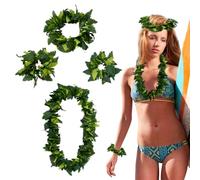 AHANDMAKER 4Pcs in 1 Set Green Hawaiian Party Garland, Artificial Leaves Headband Lifelike Leaves Bracelet Neck Loop Tropical Fern Leaf Hawaiian Leis for Summer Beach Luau Party Costume Supplies