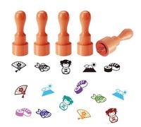 AHANDMAKER 5 Styles Japanese Themed Wooden Rubber Stamps, Mini Round Stamp Cherry Blossom Fan, Fish, Geisha, Mount Fuji, Sushi Stamps for DIY Crafts Scrapbooking Card Making Planner Diary Decoration