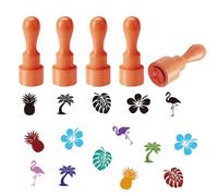 AHANDMAKER 5 Styles Mini Wooden Rubber Stamps, Tropical Hawaiian Theme Round Handle Stamps Pineapple Palm Tree Flamingo Monstera Leaf Flower Patterns Wood Stamp for Scrapbooking Card Making Planner