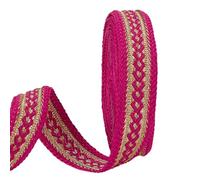 AHANDMAKER 5 Yards Ethnic Gimp Braid Trim with Gold Jacquard, 3/4 Inch Wide Polyester Jacquard Ribbon Trim Boho Embroidered Lace Trim Vintage Woven Ribbon for Cloth DIY Crafts Sewing Decor, Fuchsia