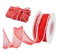 AHANDMAKER 5 Yards Pearl Fishtail Chiffon Gift Ribbons 1.5 Inch Wide Organza Mesh Smooth Lace Ribbon Beads Trims for Gift Wrapping Floral Bouquets Wedding Party Decoration, Red