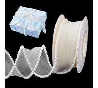 AHANDMAKER 5 Yards Pearl Fishtail Chiffon Gift Ribbons 1.5 Inch Wide Organza Mesh Smooth Lace Ribbon Beads Trims for Gift Wrapping Floral Bouquets Wedding Party Decoration, White