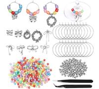 AHANDMAKER 50 Sets Wine Glass Bow Charms with 400pcs Letter Beads, DIY Reusable Personalized Drink Markers Glasses Cup Tags Charm Rings for Party Decorations Wedding Holiday Birthday