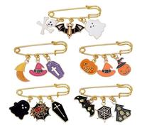 AHANDMAKER 5pcs Safety Pin Brooches Halloween Iron Brooches with Alloy Enamel Pendants Fashion Jewelry Accessory Decor for Women Girls Clothing Dresses Bags Hats Birthday Party Gift