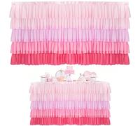 AHANDMAKER 6 Layers Tulle Pink Desk Skirt Gradient Pink Tutu Tulle Table Skirt Chiffon Tables Cloth for Rectangle Desk, Ruffle Table Skirting Birthday Party Decorations Home Decor, 6Ft x 30In