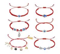 AHANDMAKER 6 Pcs Red Evil Eye Protection Bracelets Alloy Adjustable String 7 Knots Lucky Thread Hamsa Hand Amulet for Women Daily Wear Events Birthday Gift Good Luck